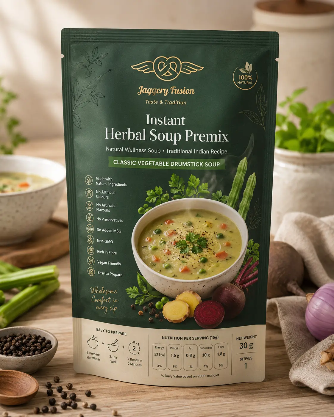 Instant Herbal Drumstick Soup Premix packaging
